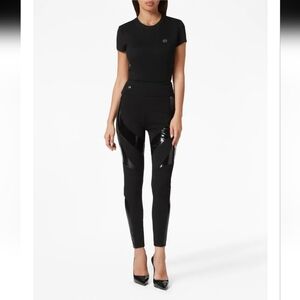 philipp plein Women's Logo Patch High Waist Black Leggings Xs RTLS $430